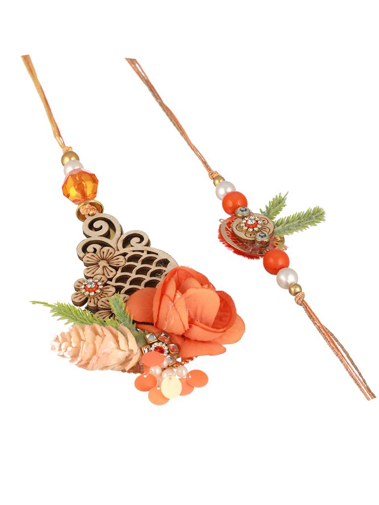 Orange Stones & Pearl Beaded Handcrafted Lumba Rakhi Set With Roli Chawal : SJRK7002