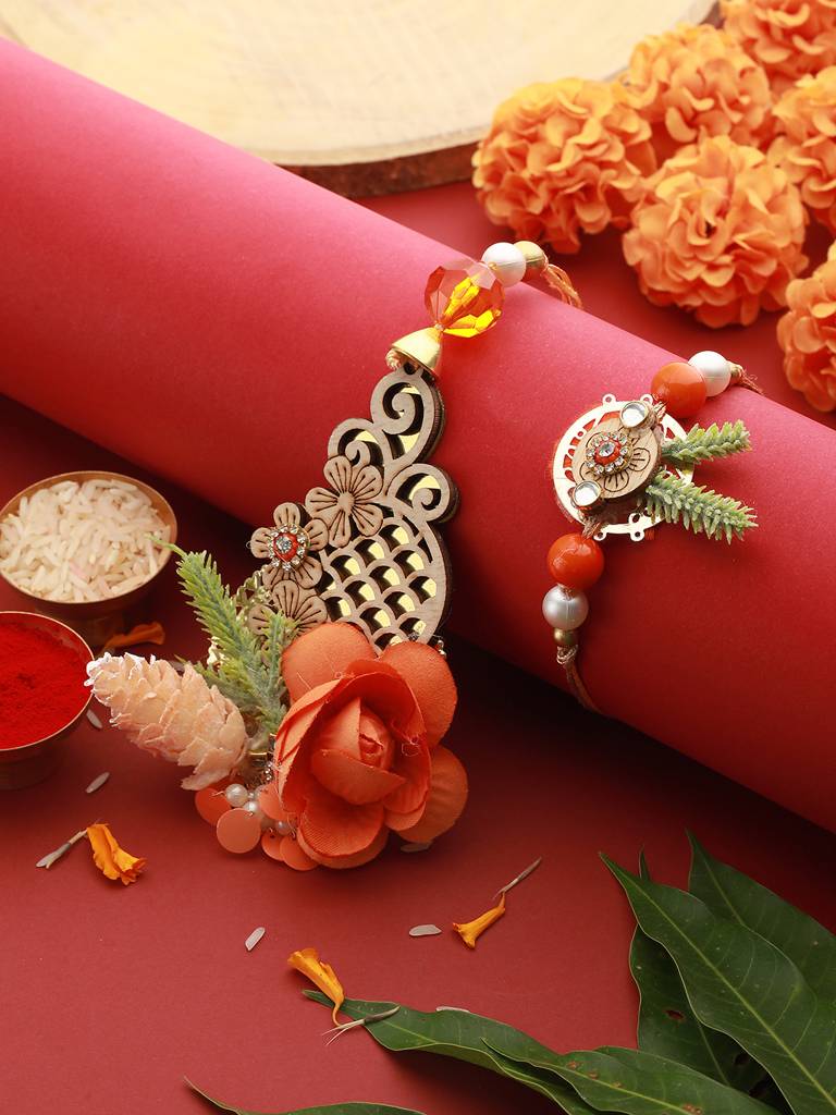 Orange Stones & Pearl Beaded Handcrafted Lumba Rakhi Set With Roli Chawal : SJRK7002