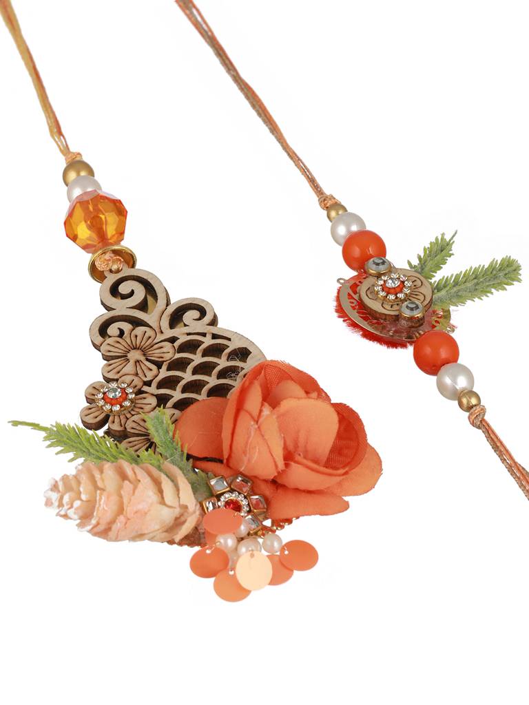 Orange Stones & Pearl Beaded Handcrafted Lumba Rakhi Set With Roli Chawal : SJRK7002