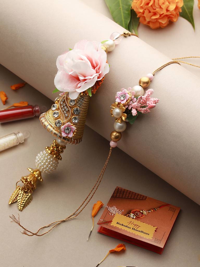 Set Of 2 Pink Flower & Pearl Beaded Handmade Rakhi Lumba Set : SJRK7005