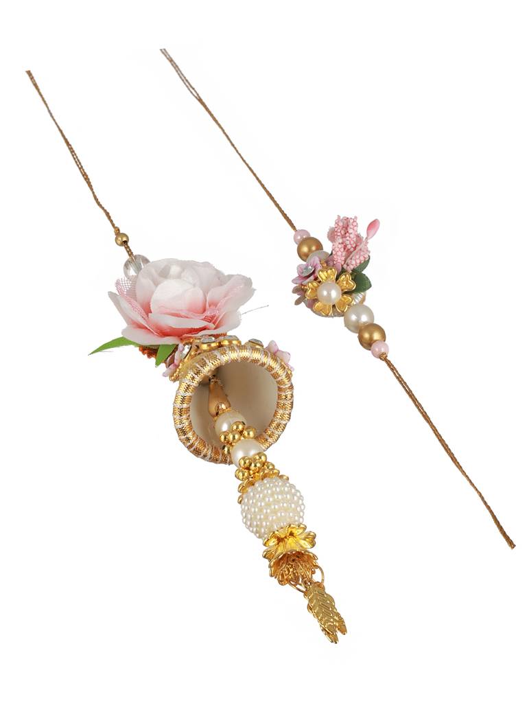 Set Of 2 Pink Flower & Pearl Beaded Handmade Rakhi Lumba Set : SJRK7005