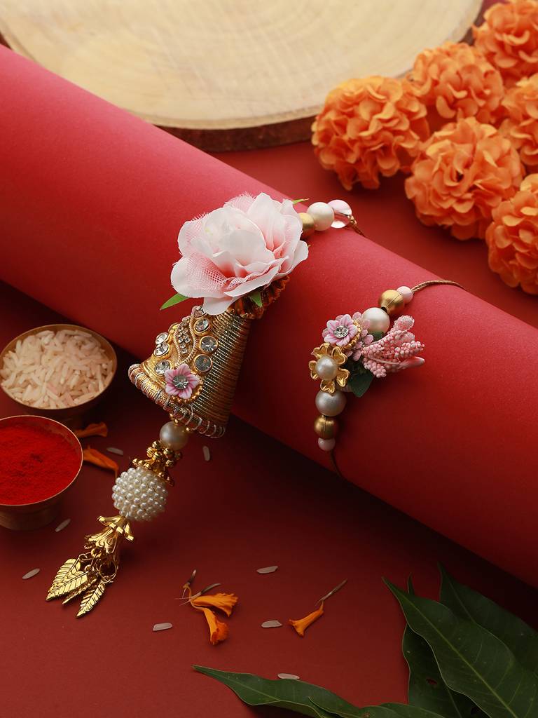 Set Of 2 Pink Flower & Pearl Beaded Handmade Rakhi Lumba Set : SJRK7005