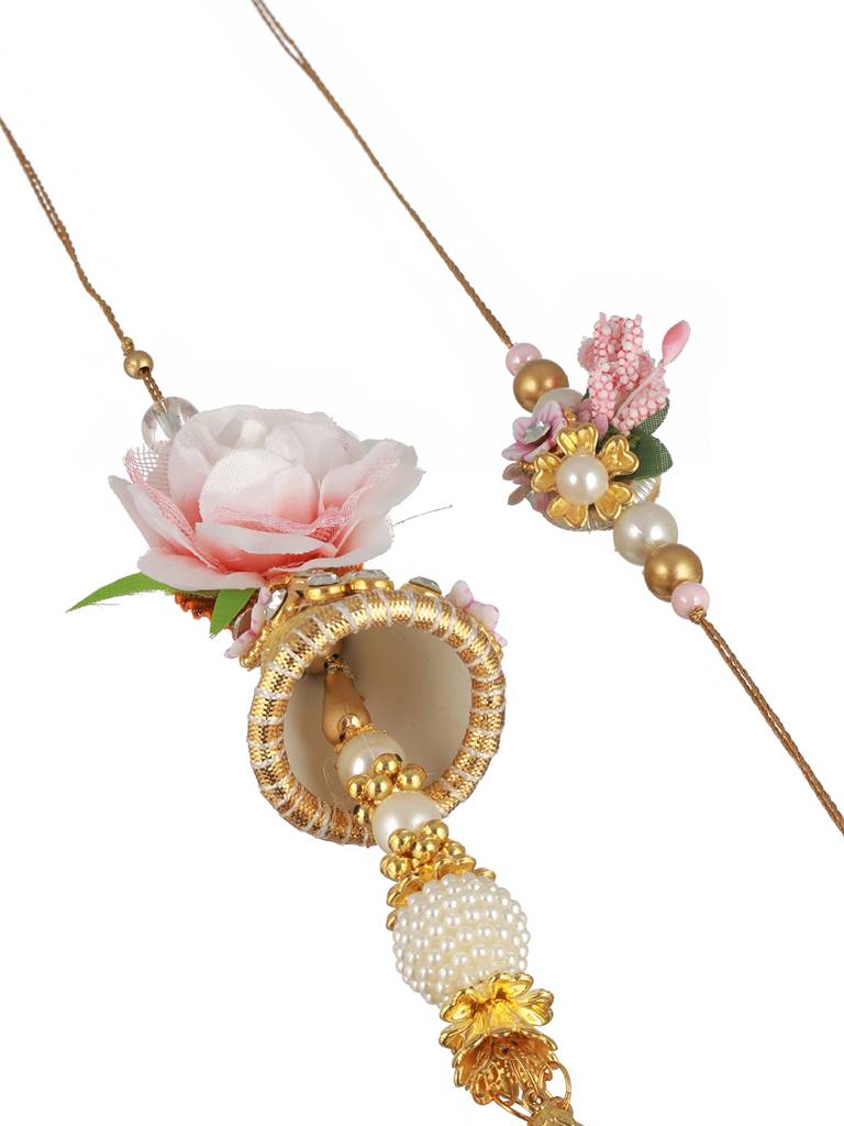 Set Of 2 Pink Flower & Pearl Beaded Handmade Rakhi Lumba Set : SJRK7005