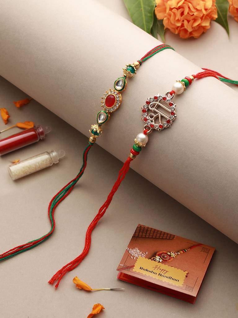 Set Of 2 Kundan, Pearl Beaded Rakhi With Roli Chawal : SJRK7010