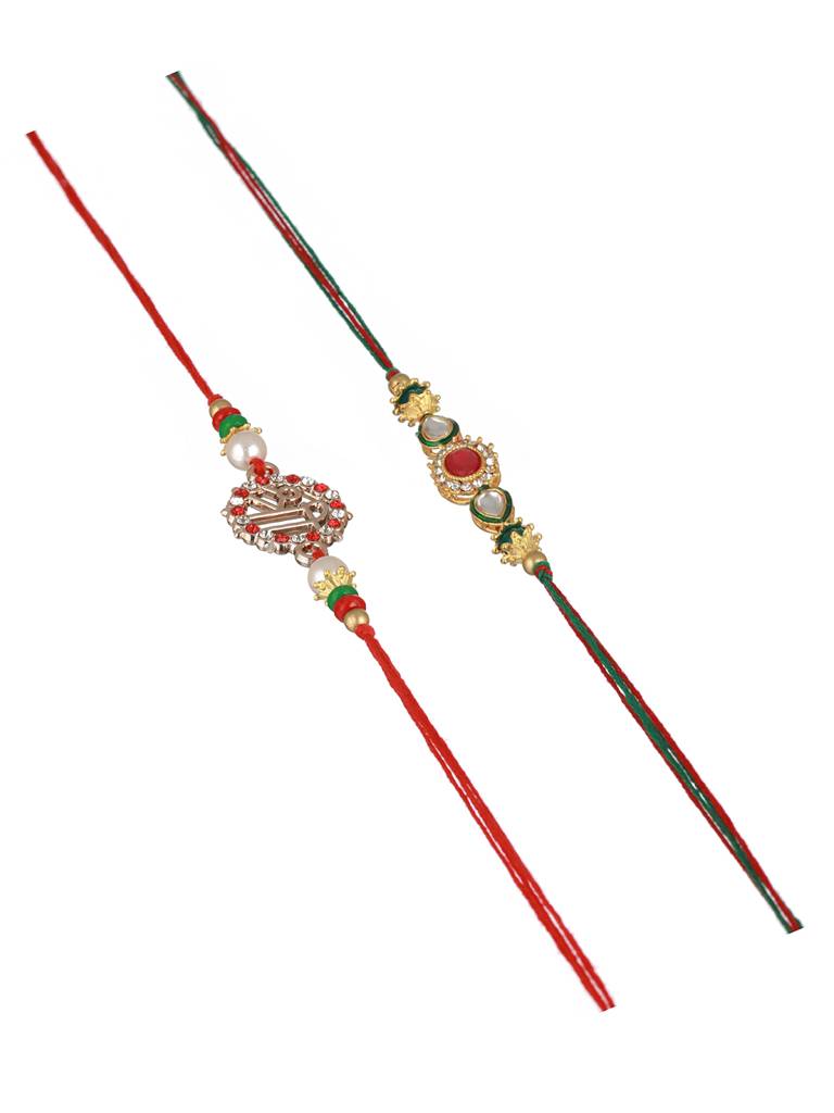 Set Of 2 Kundan, Pearl Beaded Rakhi With Roli Chawal : SJRK7010