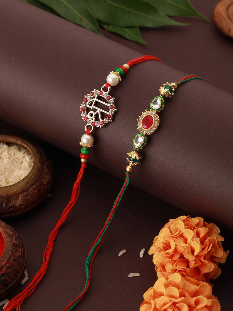 Eternz Certified Jewellery - Saraf RS Jewellery Set Of 2 Kundan, Pearl Beaded Rakhi With Roli Chawal