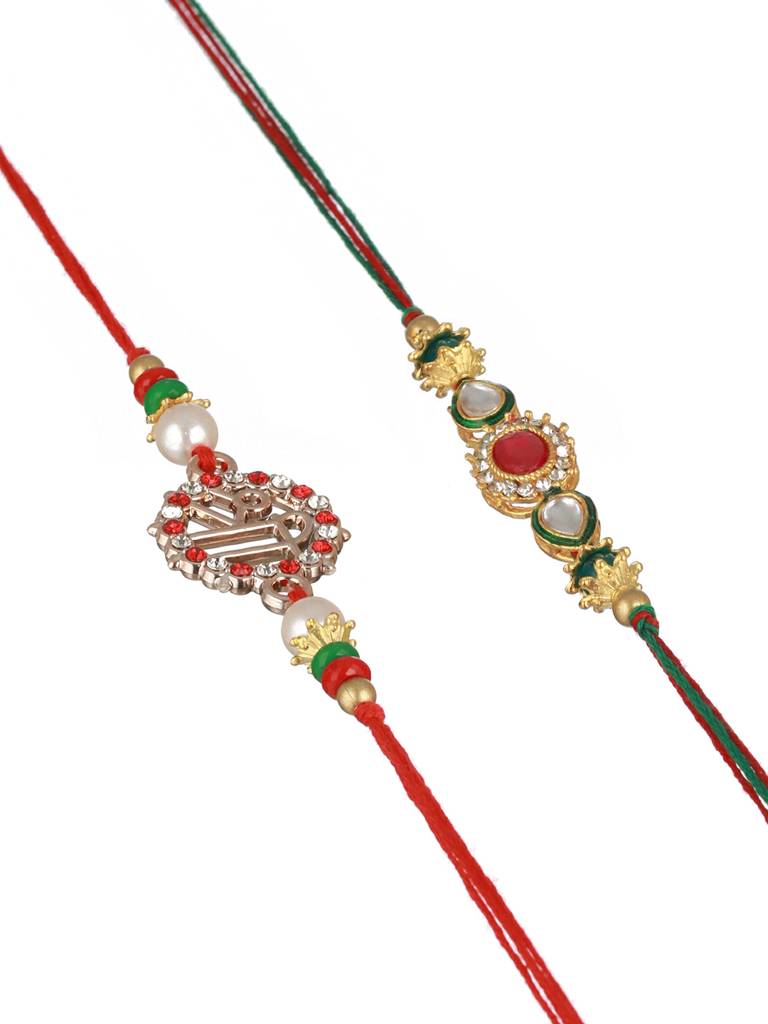 Set Of 2 Kundan, Pearl Beaded Rakhi With Roli Chawal : SJRK7010