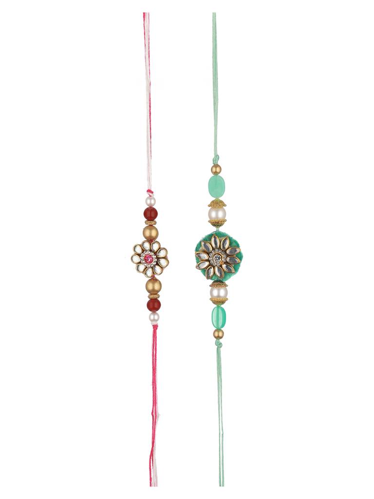 Set Of 2 Kundan & Pearl Beaded Rakhi With 10 Gram Shri Laxmi Round 999 Round Silver Coin : SJRK7052