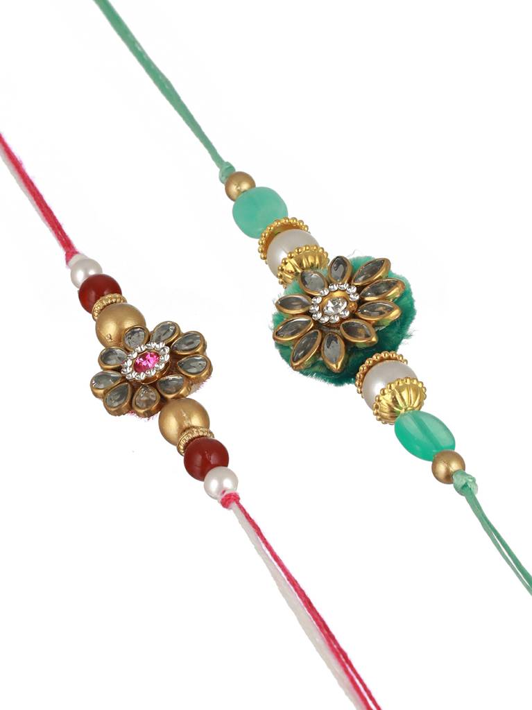 Set Of 2 Kundan & Pearl Beaded Rakhi With 10 Gram Shri Laxmi Round 999 Round Silver Coin : SJRK7052