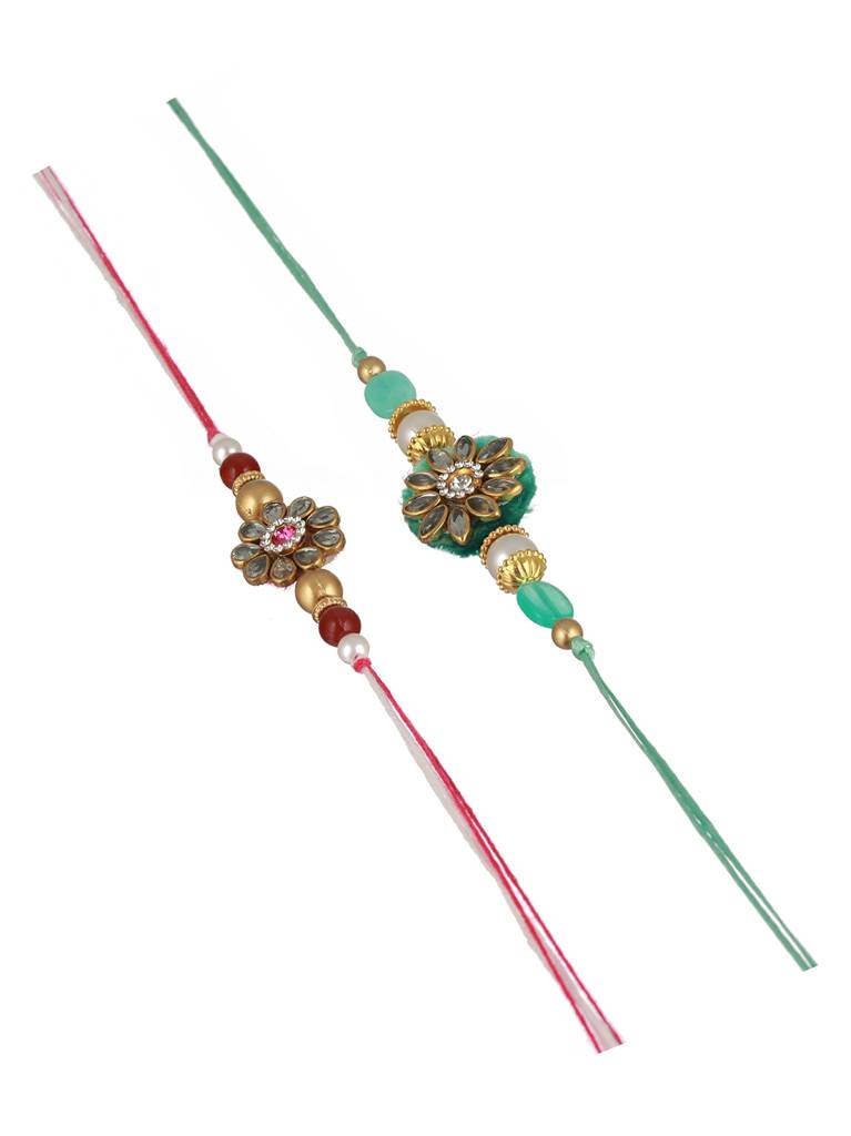 Set Of 2 Kundan & Pearl Beaded Rakhi With 10 Gram Shri Laxmi Round 999 Round Silver Coin : SJRK7052