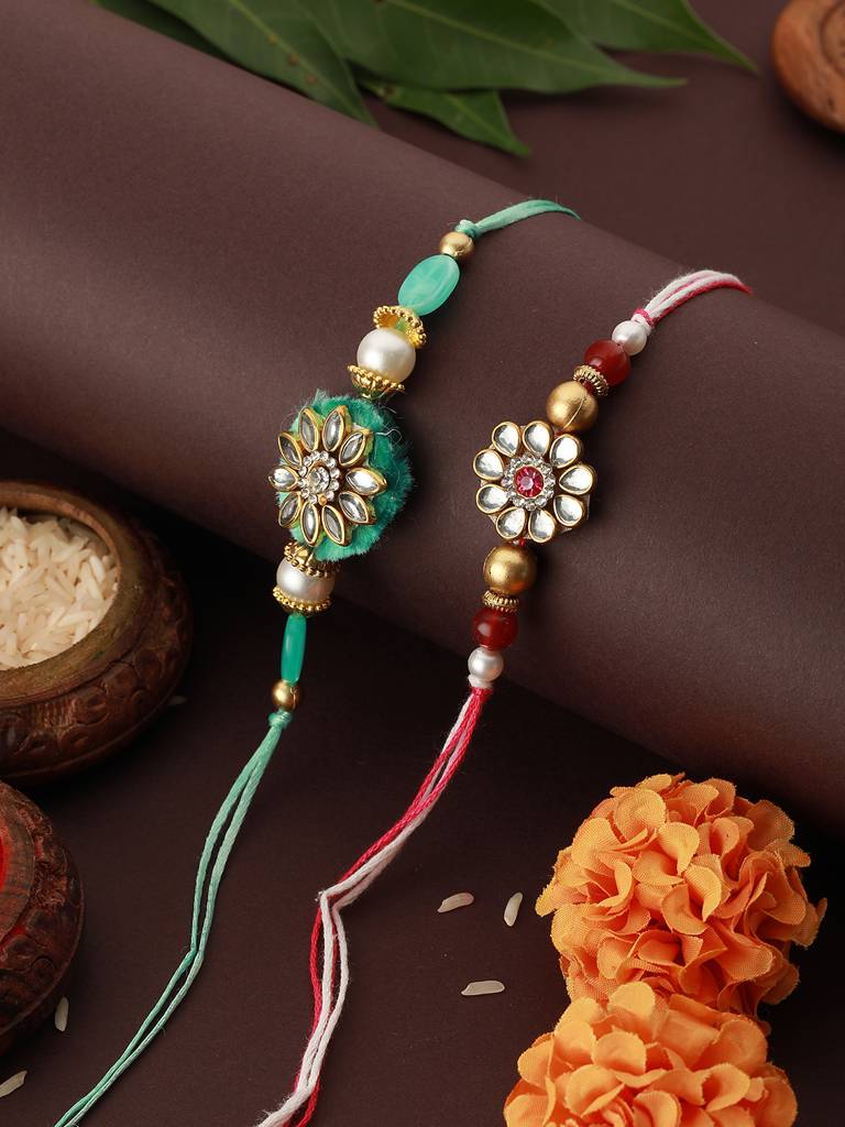Set Of 2 Kundan & Pearl Beaded Rakhi With 10 Gram Shri Laxmi Round 999 Round Silver Coin : SJRK7052