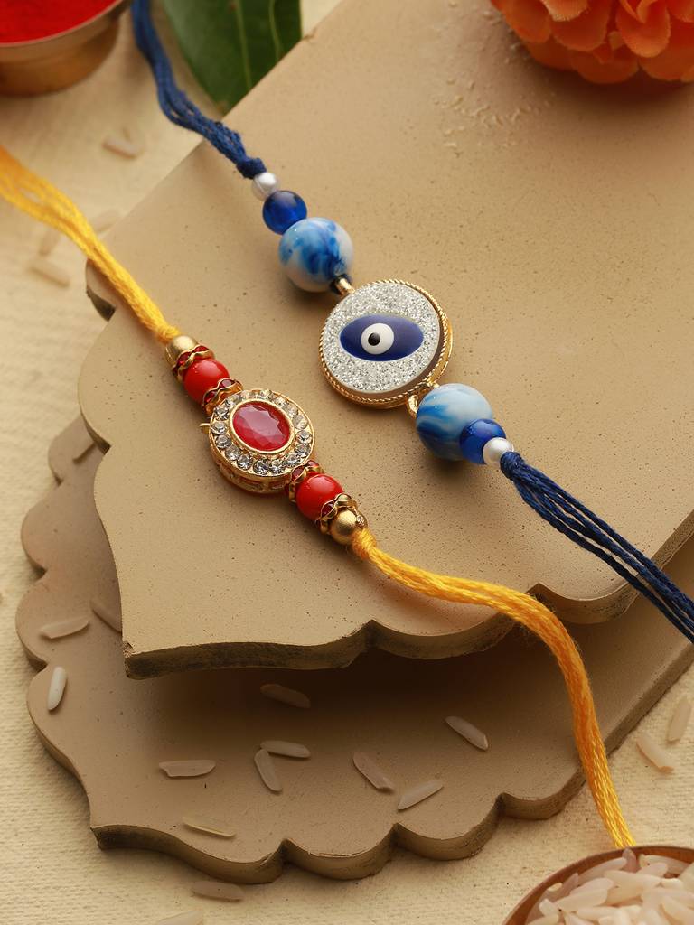 Set  Of 2 Evil Eye & Red Kundan Studded Rakhi With Roli Chawal : SJRK7012