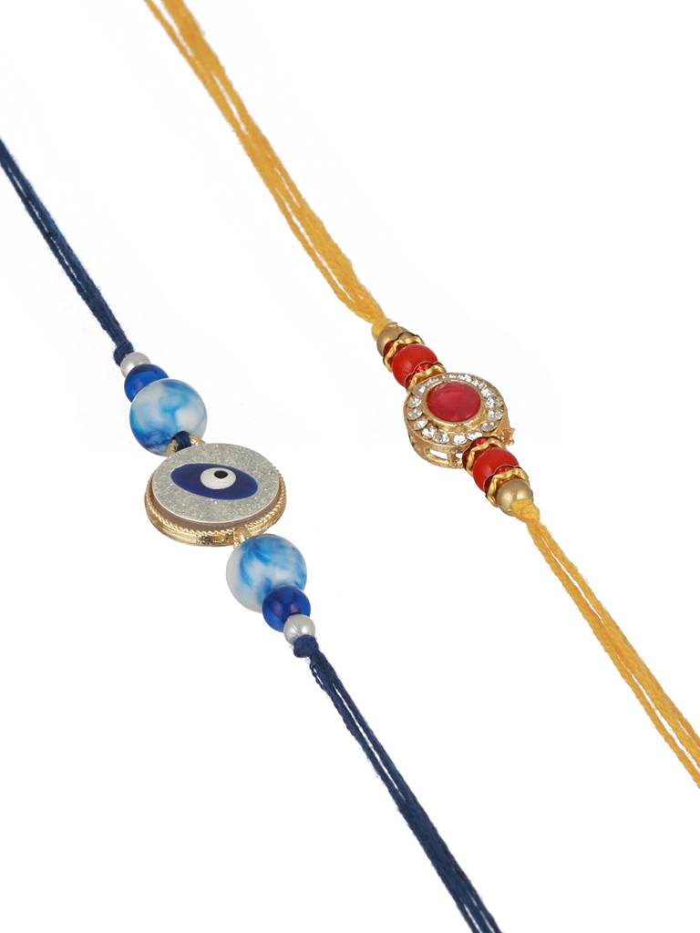 Set  Of 2 Evil Eye & Red Kundan Studded Rakhi With Roli Chawal : SJRK7012