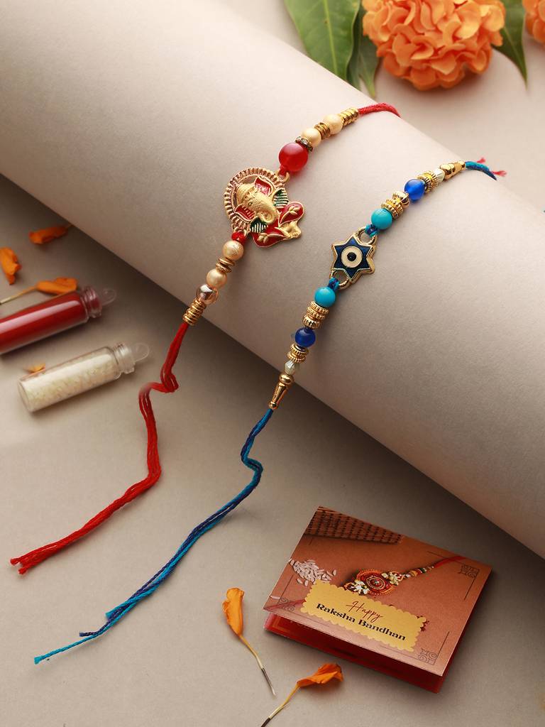 Set Of 2 Evil Eye Nd Ganesha Rakhi With Roli Chawal : SJRK7025