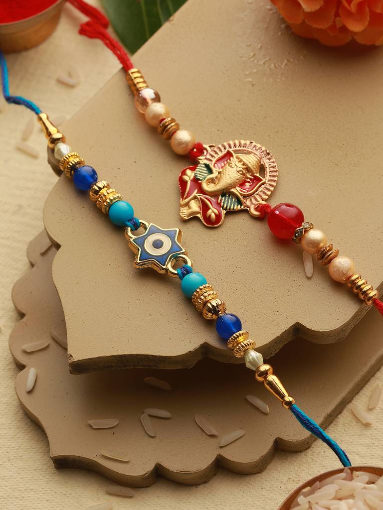 Eternz Certified Jewellery - Saraf RS Jewellery Set Of 2 Evil Eye Nd Ganesha Rakhi With Roli Chawal