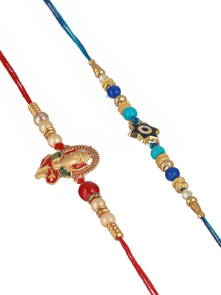 Set Of 2 Evil Eye Nd Ganesha Rakhi With Roli Chawal : SJRK7025
