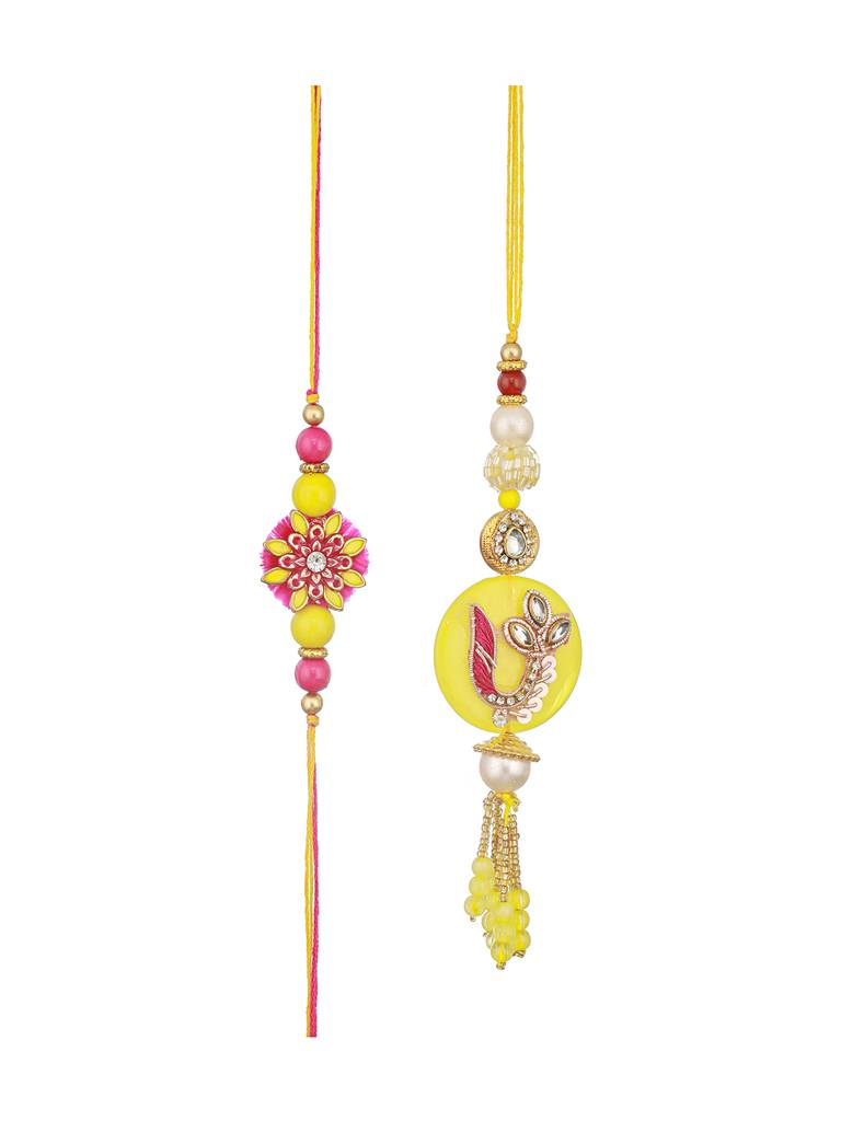Set Of 2 Yellow Kundan  Rakhi For Bhaiya & Bhabhi  Handcrafted Lumba Rakhi Set With Roli Chawal : SJRK7057
