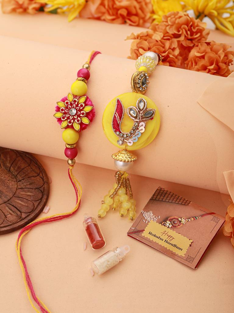Eternz Certified Jewellery - Saraf RS Jewellery Set Of 2 Yellow Kundan Rakhi For Bhaiya & Bhabhi Handcrafted Lumba Rakhi Set With Roli Chawal