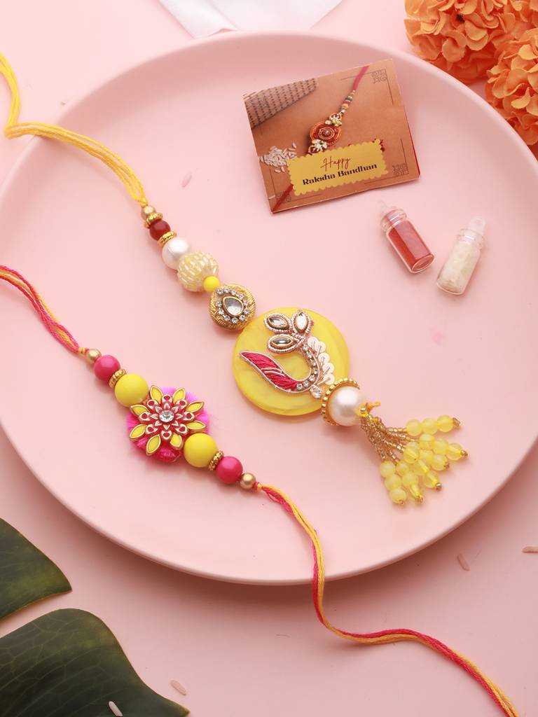 Set Of 2 Yellow Kundan  Rakhi For Bhaiya & Bhabhi  Handcrafted Lumba Rakhi Set With Roli Chawal : SJRK7057