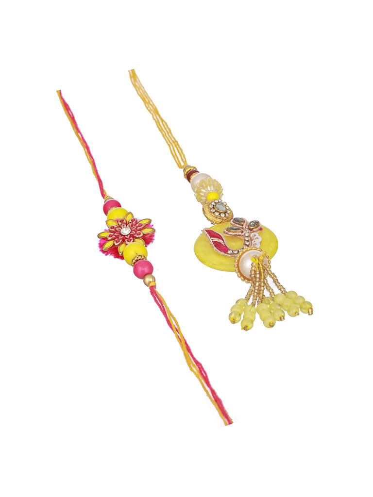 Set Of 2 Yellow Kundan  Rakhi For Bhaiya & Bhabhi  Handcrafted Lumba Rakhi Set With Roli Chawal : SJRK7057
