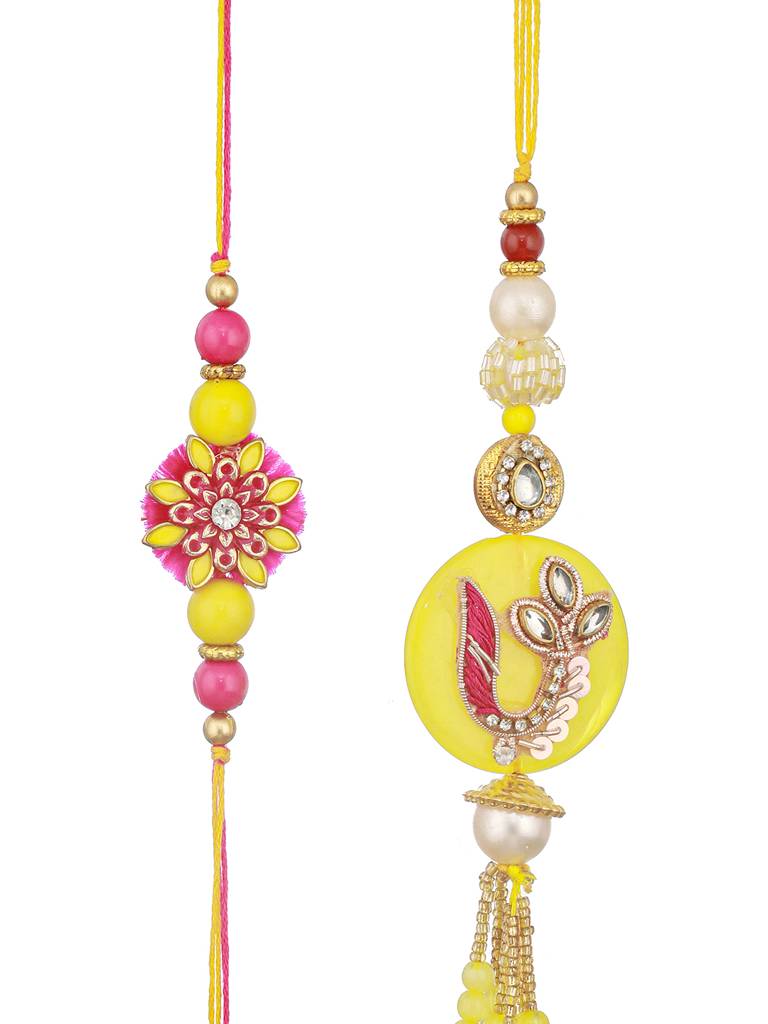 Set Of 2 Yellow Kundan  Rakhi For Bhaiya & Bhabhi  Handcrafted Lumba Rakhi Set With Roli Chawal : SJRK7057