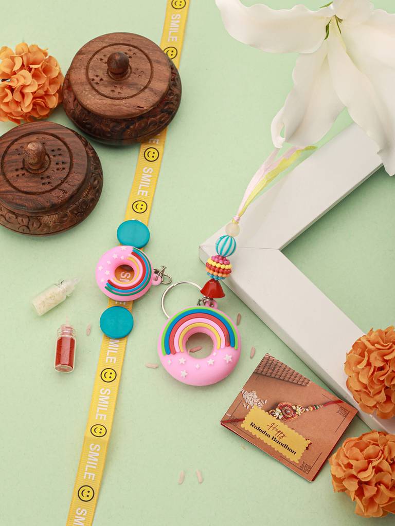 Eternz Certified Jewellery - Saraf RS Jewellery Set Of 2 Boy & Girl Donut Key Chain Toy Rakhi Set With Roli Chawal