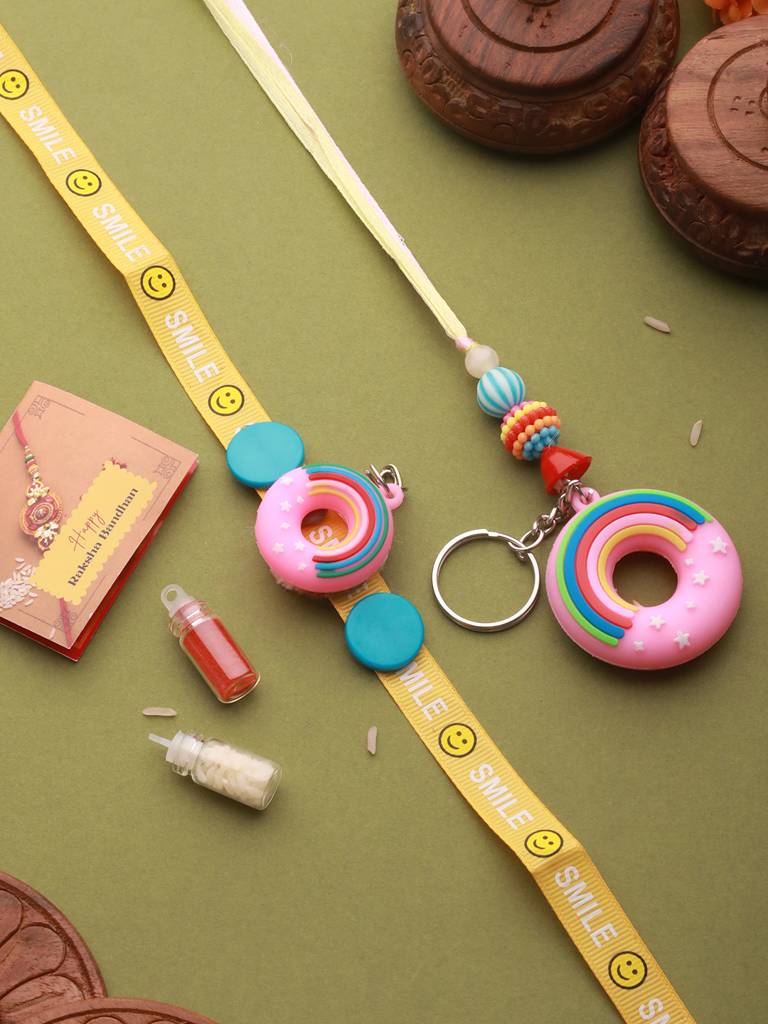 Set Of 2 Boy & Girl Donut  Key Chain Toy Rakhi Set With Roli Chawal : SJRK7059