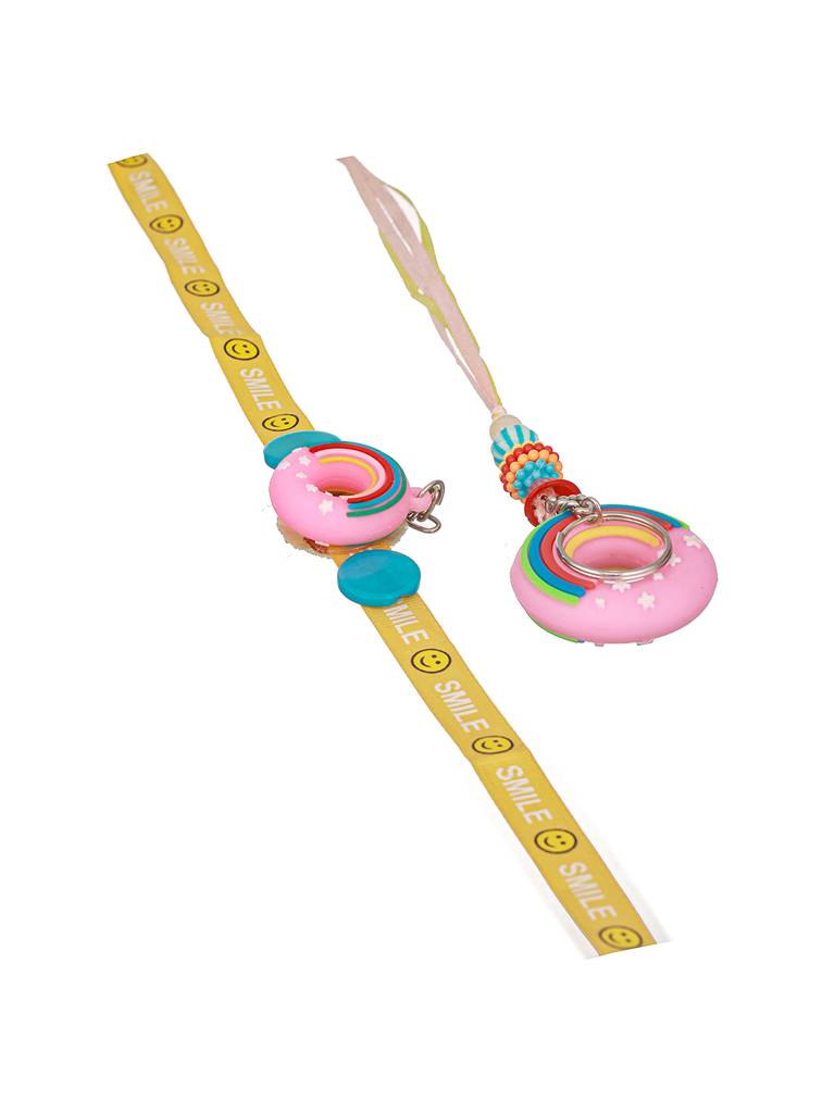 Set Of 2 Boy & Girl Donut  Key Chain Toy Rakhi Set With Roli Chawal : SJRK7059