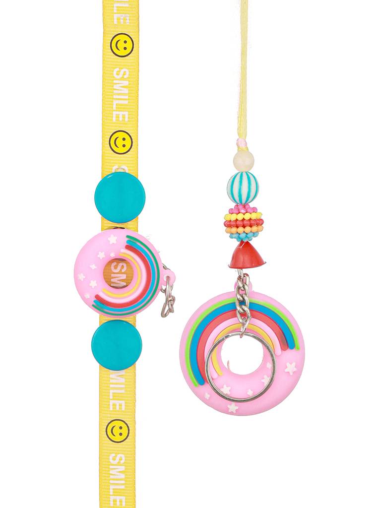 Set Of 2 Boy & Girl Donut  Key Chain Toy Rakhi Set With Roli Chawal : SJRK7059