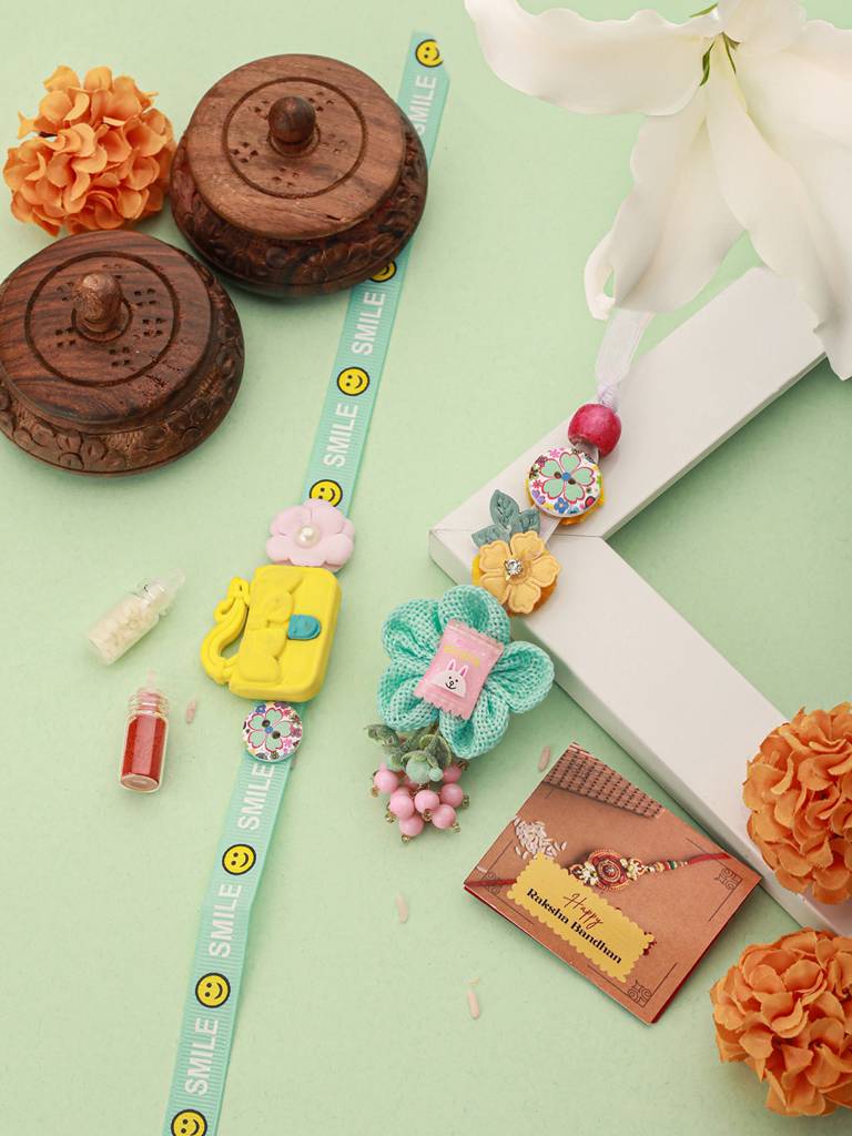 Eternz Certified Jewellery - Saraf RS Jewellery Set Of 2 Cute Handcrafted Ribbon Purse Flower Toy Rakhi Set For Kids
