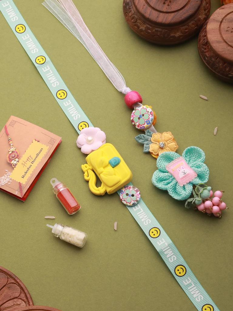 Set Of 2 Cute Handcrafted Ribbon Purse Flower Toy Rakhi Set For Kids : SJRK7062