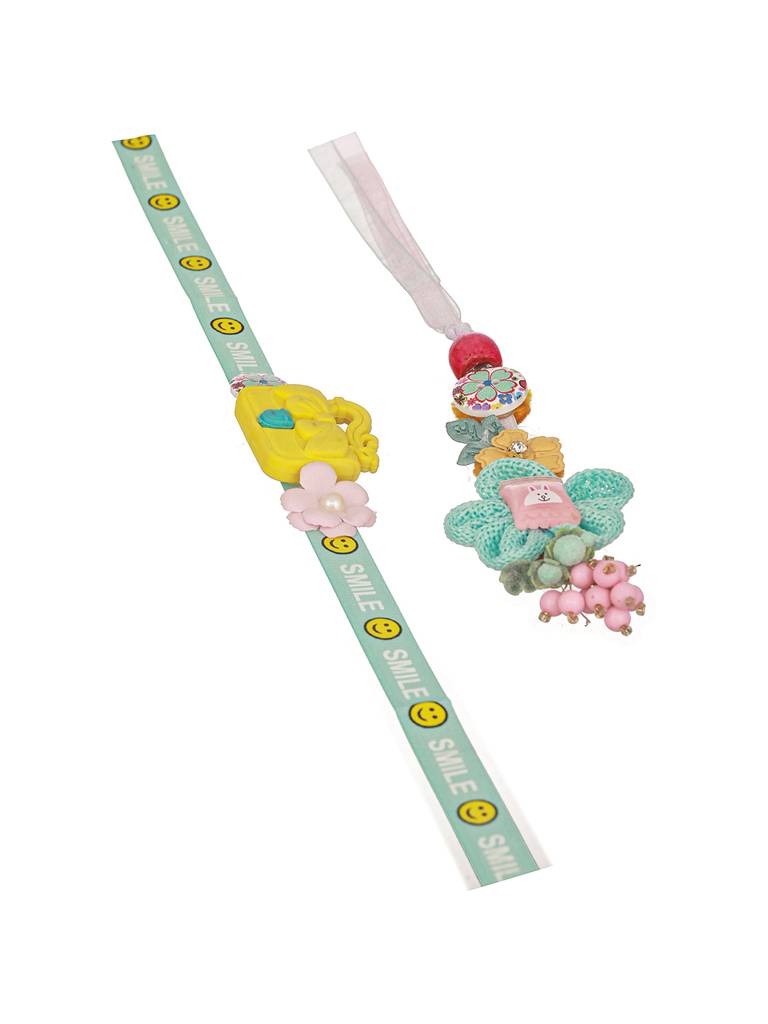 Set Of 2 Cute Handcrafted Ribbon Purse Flower Toy Rakhi Set For Kids : SJRK7062