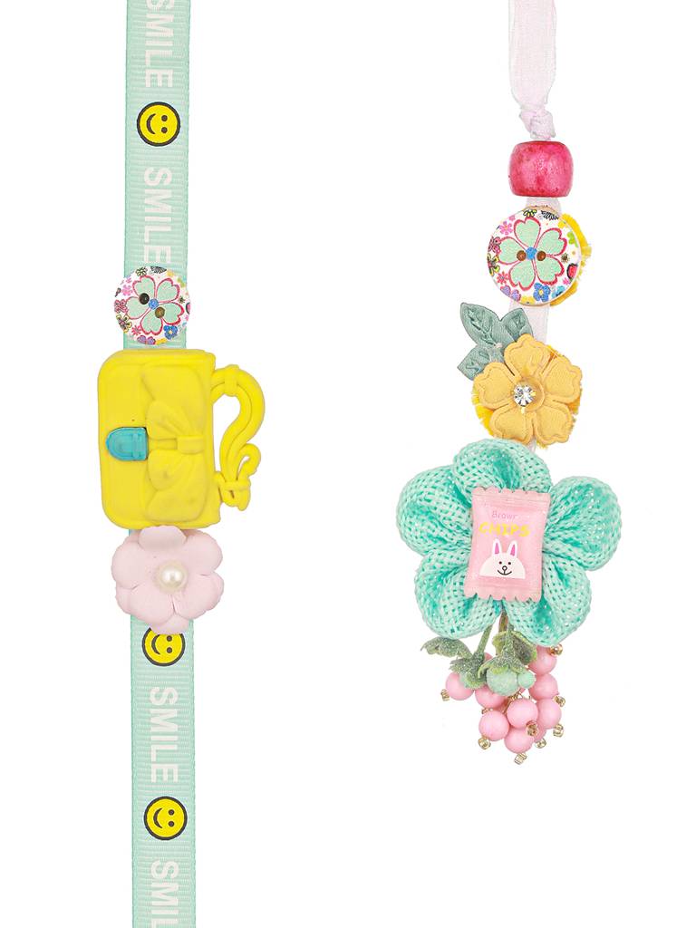 Set Of 2 Cute Handcrafted Ribbon Purse Flower Toy Rakhi Set For Kids : SJRK7062