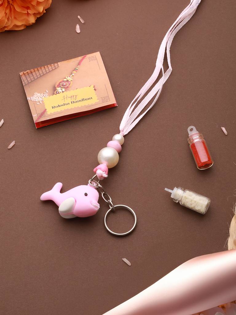 Pink Fish Key Chain Toy Rakhi For Girls With Roli Chawal : SJRK7063