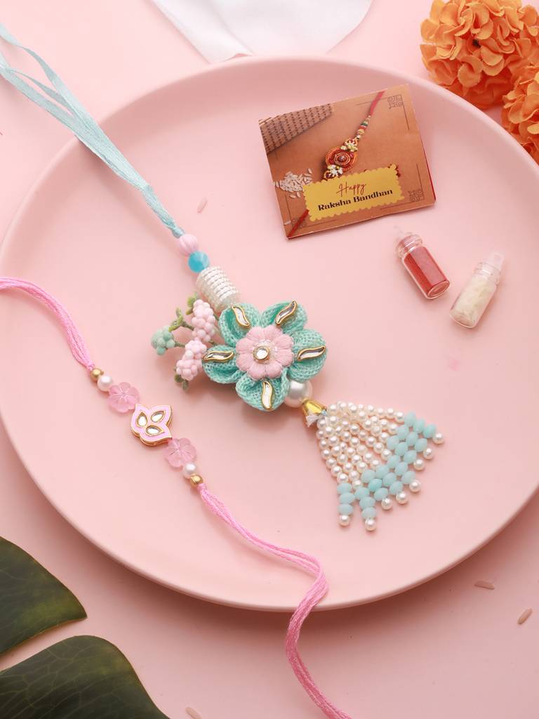 Set Of 2 Handcrafted Sea Green  Flower & Pearl Beaded Rakhi For Girls & Boys : SJRK7066