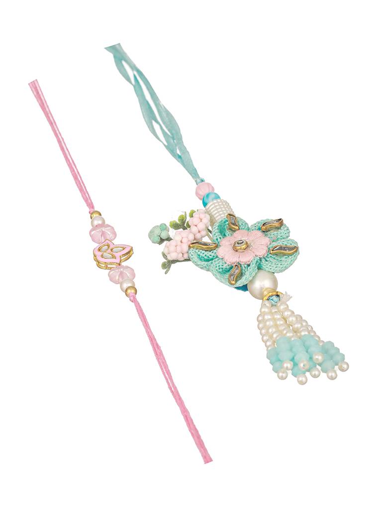 Set Of 2 Handcrafted Sea Green  Flower & Pearl Beaded Rakhi For Girls & Boys : SJRK7066