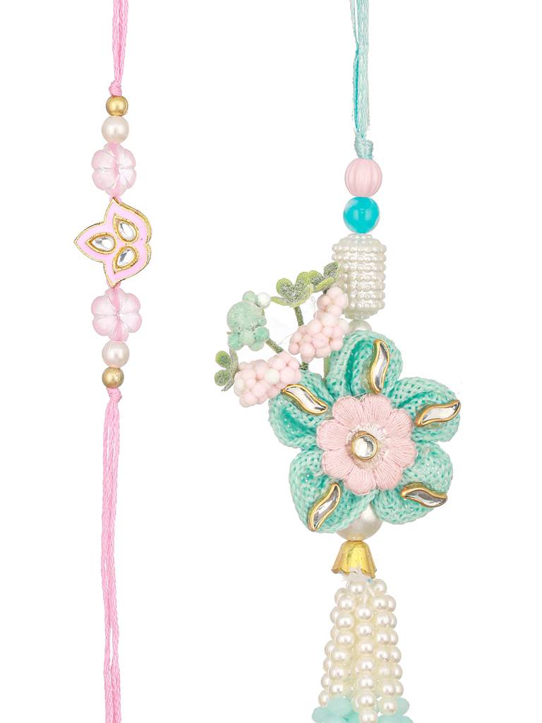 Set Of 2 Handcrafted Sea Green  Flower & Pearl Beaded Rakhi For Girls & Boys : SJRK7066