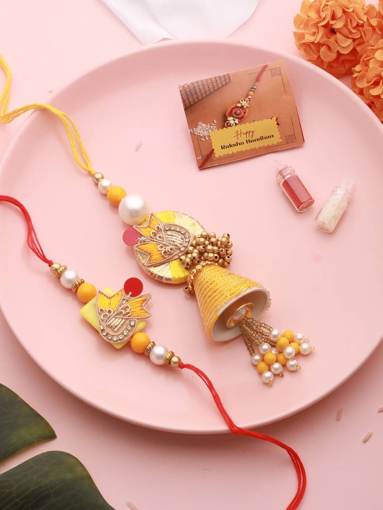 Set Of 2 Yellow Designer Zardozi & Pearl Beaded Handcrafted Lumba Rakhi Set For Bhaiya & Bhabhi : SJRK7069