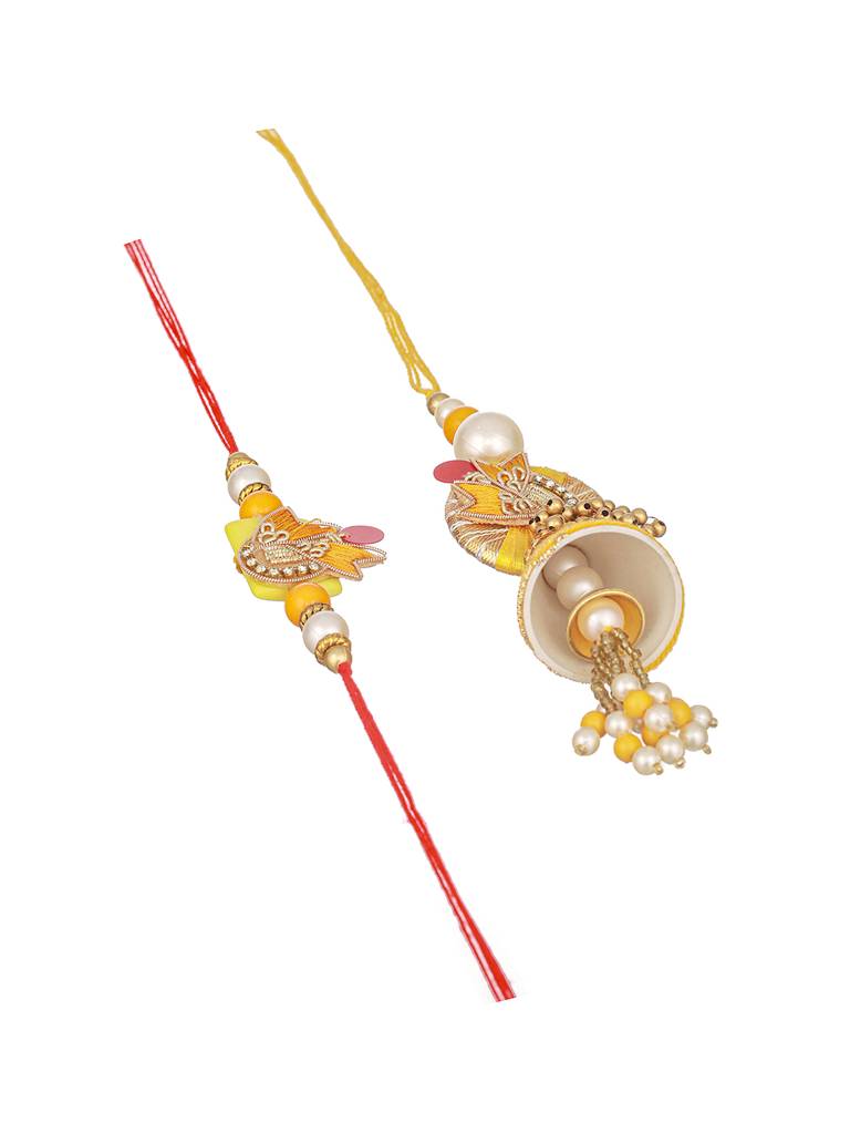 Set Of 2 Yellow Designer Zardozi & Pearl Beaded Handcrafted Lumba Rakhi Set For Bhaiya & Bhabhi : SJRK7069