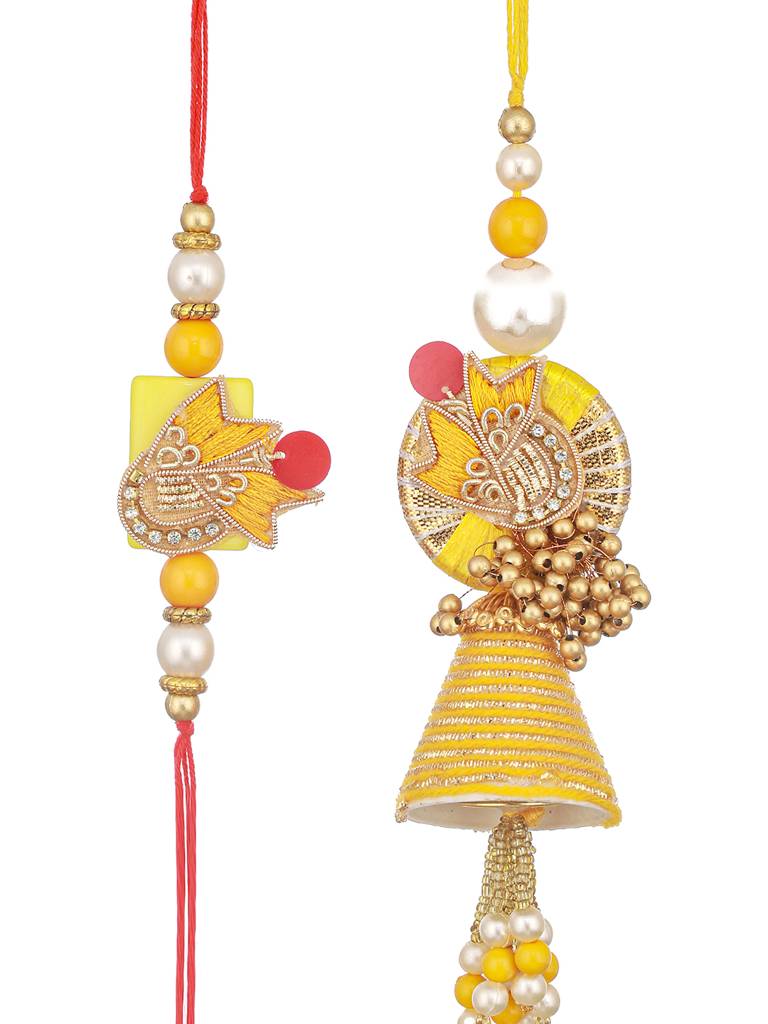 Set Of 2 Yellow Designer Zardozi & Pearl Beaded Handcrafted Lumba Rakhi Set For Bhaiya & Bhabhi : SJRK7069