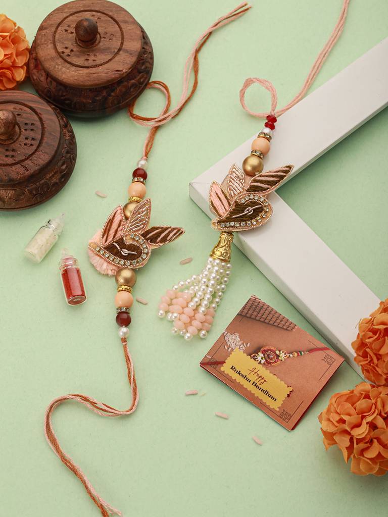 Set Of 2 Designer Zardozi Contemporary Handcrafted Lumba Rakhi Set For Bhaiya & Bhabhi : SJRK7073