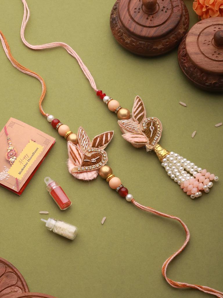 Set Of 2 Designer Zardozi Contemporary Handcrafted Lumba Rakhi Set For Bhaiya & Bhabhi : SJRK7073