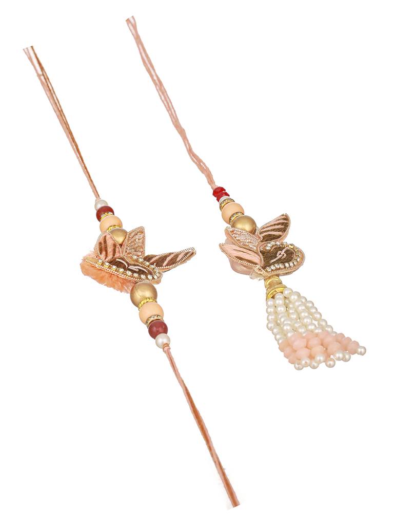 Set Of 2 Designer Zardozi Contemporary Handcrafted Lumba Rakhi Set For Bhaiya & Bhabhi : SJRK7073
