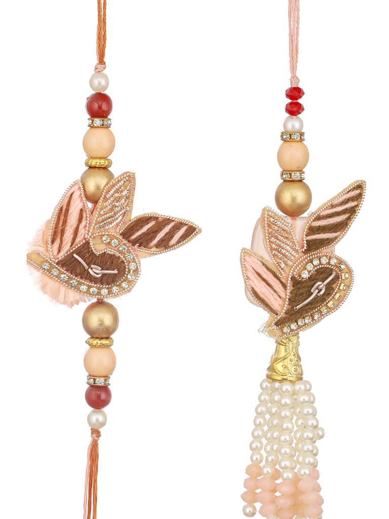 Set Of 2 Designer Zardozi Contemporary Handcrafted Lumba Rakhi Set For Bhaiya & Bhabhi : SJRK7073