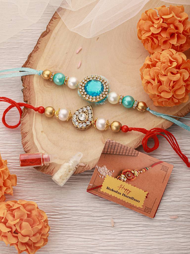 Set Of 2 Kundan & Ad Studded Designer Handcrafted Rakhi With Roli Chawal : SJRK7075