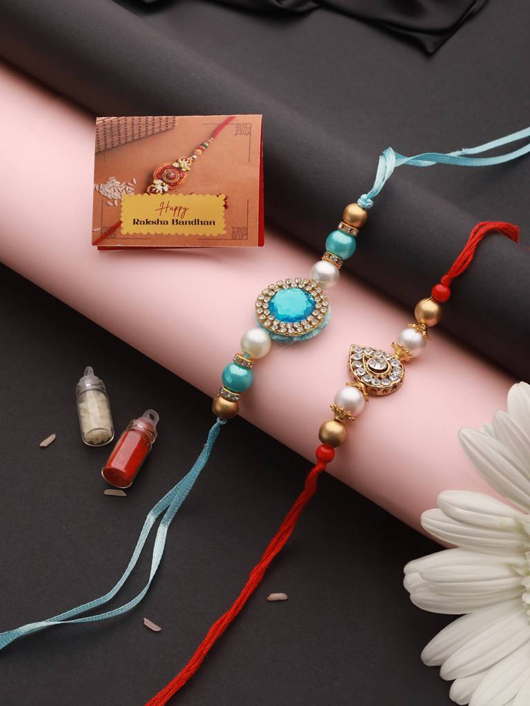 Set Of 2 Kundan & Ad Studded Designer Handcrafted Rakhi With Roli Chawal : SJRK7075