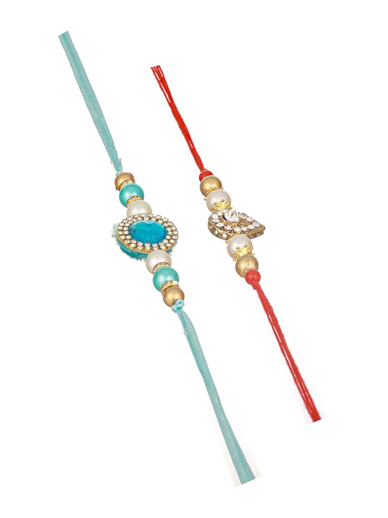Set Of 2 Kundan & Ad Studded Designer Handcrafted Rakhi With Roli Chawal : SJRK7075