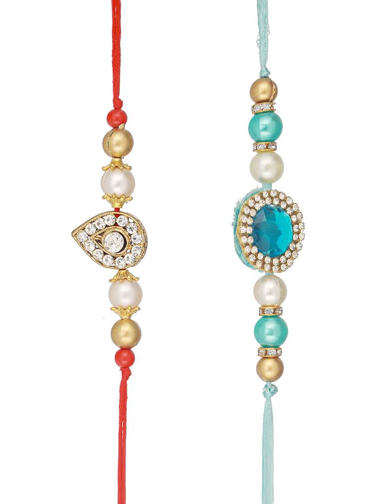 Set Of 2 Kundan & Ad Studded Designer Handcrafted Rakhi With Roli Chawal : SJRK7075