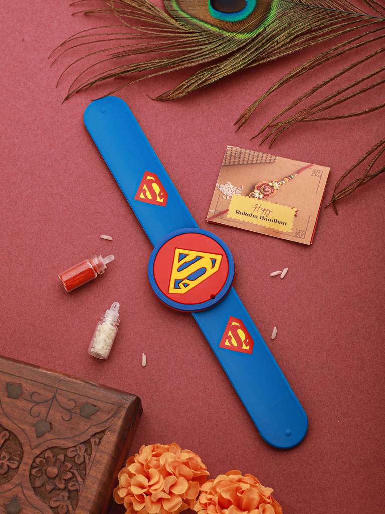 Superman Wrist Slap Band Kids Toy Rakhi With Roli Chawal : SJRK7078