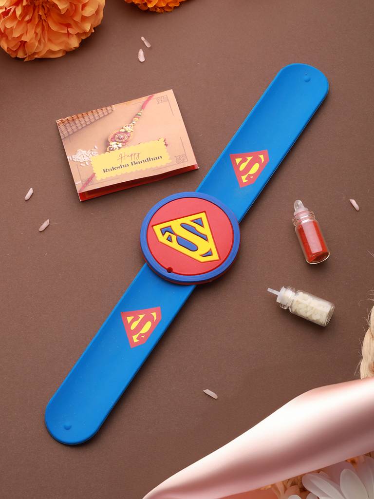 Superman Wrist Slap Band Kids Toy Rakhi With Roli Chawal : SJRK7078